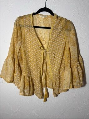 Boho Tie-Front Ruffle Cardigan Kimono Shawl - Mustard Yellow Paisley